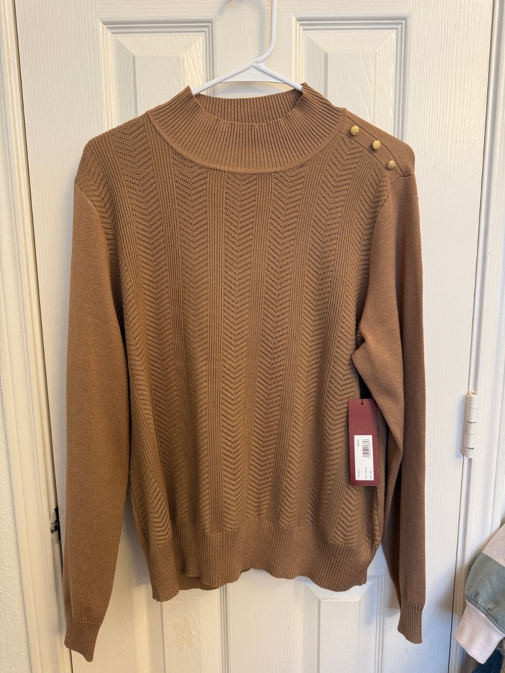 Chestnut Ribbed Mock Neck Sweater with Shoulder Button Detail